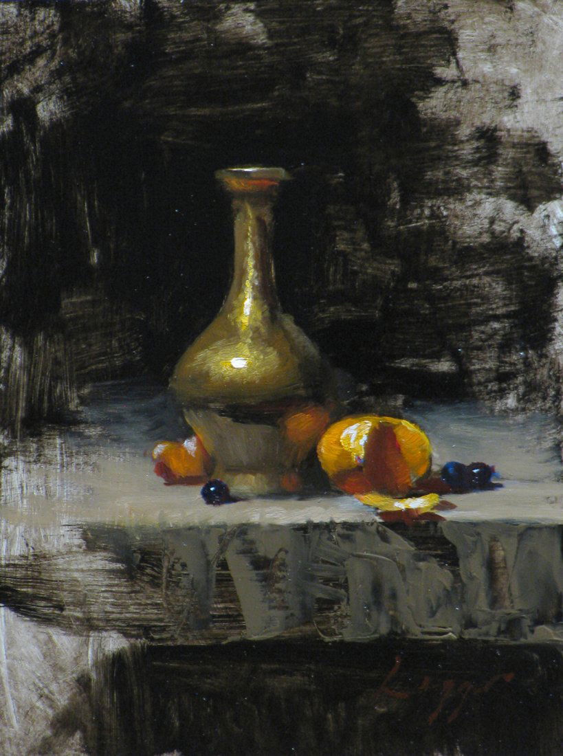 "Clementine and Brass" by Jeff Legg OPAM: Oil on panel painted with the the deft only a master painter can bring, this beautiful little painting depicts a partially eaten clementine sitting with a few grapes and a brass vase on a rustic table