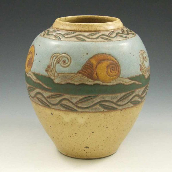 Common Ground Pottery Snail Vase by Eric Olson : Common Ground Pottery vase with snails by Eric Olson. Signed Eric Olson 2004 and marked with CGP oval. Also marked 172 and 1st Snail. Mint. 7 1/8" tall.