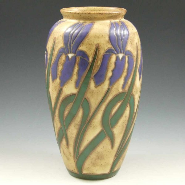 Common Ground Pottery Iris Vase by Eric Olson : Common Ground Pottery vase with purple irises by Eric Olson. Signed Eric Olson 2003 and marked with CGP oval and shield with M. Mint. 9" tall.
