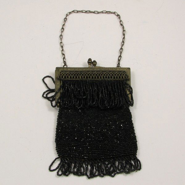 Vintage Beaded Purses with Lattice Decorated Frame : Vintage beaded purse with lattice frame and black beads. Unmarked. Very good condition. Bag is 4" wide by 6 3/8" high not including chain.