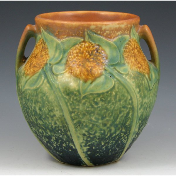 Roseville Sunflower 513-5" Vase - Mint : Roseville Sunflower 513-5" vase with handles and good mold. Unmarked. Mint. 5 1/8" tall by 5" wide.