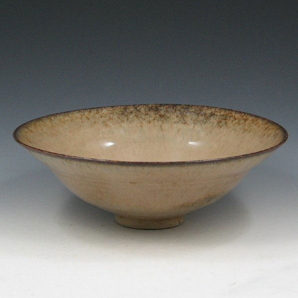 Edwin & Mary Scheier Studio 9 1/8" Bowl - Mint: Edwin and Mary Scheier hand-thrown bowl in mottled brown high glaze. Marked Scheier by hand. Mint and uncrazed. There is a factory stilt pull from the base. 9 1/8" wide by 3 1/4" tall.