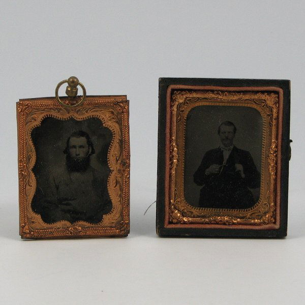 Two (2) 1/9 Plate Tintypes of Men: Two (2) 1/9 tintypes of men. A contrast in the time's socioeconomic statuses, one man is dressed in a suit with gold highlights to his watch chain and rings while the other appears to be a laborer in