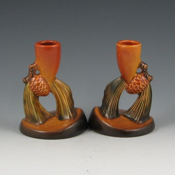 Roseville Pine Cone 451-4" Candleholders - Mint: Roseville brown Pine Cone candleholders. Marked Roseville USA 451-4". Mint. 4 3/8" tall.