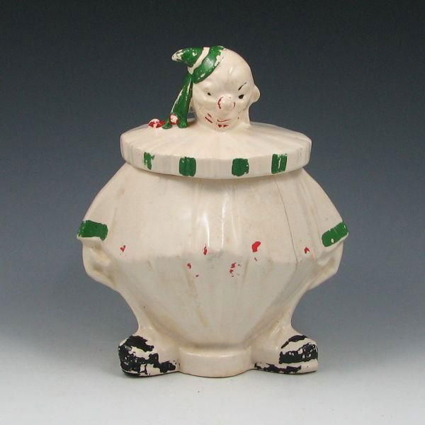 McCoy #27 Clown Cookie Jar: McCoy #27 Clown cookie jar. Marked McCoy. Long hairline crack to the jar and loss of cold-painted decoration. 8 3/4" tall.