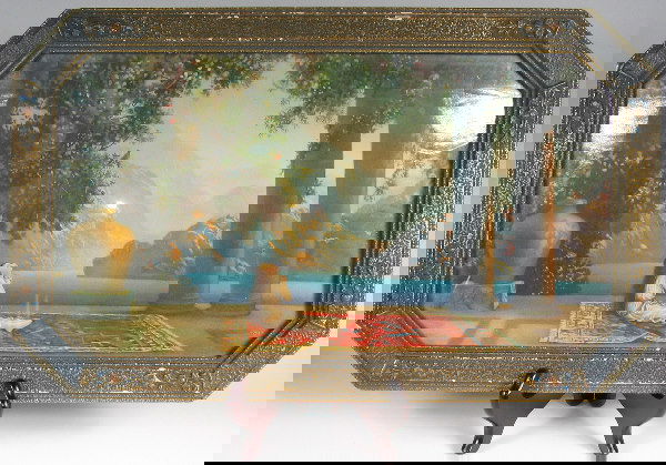 Sanford de Jonge Framed Print Style of Fox Parrish : Sanford de Jonge framed print in the style of Maxfield Parrish or R. Atkinson Fox. Period enameled frame and print circa 1920s. Sanford de Jonge at lower right. There is no visible damage or staining