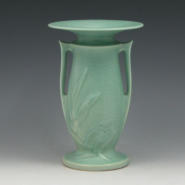 Roseville Crystal Green 932-7" Vase - Mint: Roseville Crystal Green 932-7" vase with flared rim. Faintly marked Roseville. Mint. 7 1/4" tall by 4 3/4" wide. Provenance: Gordon & Sue Hoppe Collection. Pictured: Introducing Roseville Pottery by M