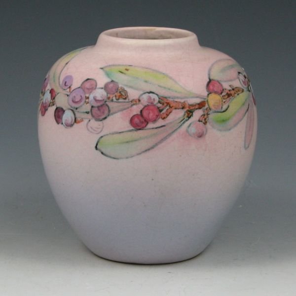 Weller Hudson Perfecto 4 3/8" Vase - Excellent: Weller Hudson Perfecto vase decorated by hand with berries and leaves in pastel tones. Marked WELLER in block letters. Excellent condition with no damage or repairs, but the crazing is slightly darken