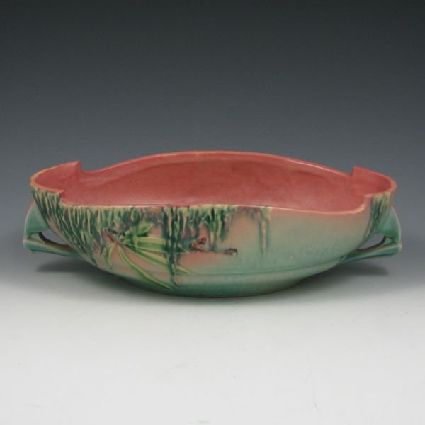 Roseville Moss 293-10" Bowl - Mint: Roseville Moss bowl with handles in pink and green. Marked Roseville 293-10. Mint. 12 1/2" wide by 3 1/4" tall.