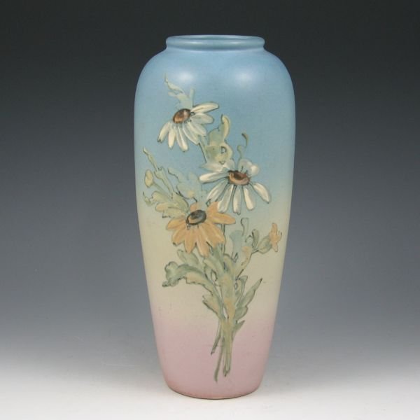 Weller Hudson 10 3/4" Vase by England - Mint: Weller Hudson vase with floral decoration by Dorothy England. Ms. England has placed slip-decorated flowers on both the front and back of the vase with a background fading from blue to light green to 