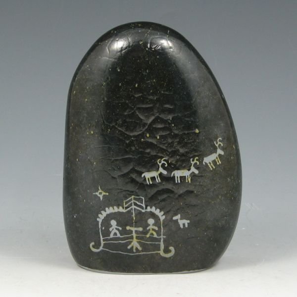Kosta Boda Eskimo or Native American Paperweight: Kosta Boda paperweight with etched Native American Indian or Eskimo design. Etched Kosta and what appears to be 96738 WARFF. Excellent condition. 5 1/8" tall.