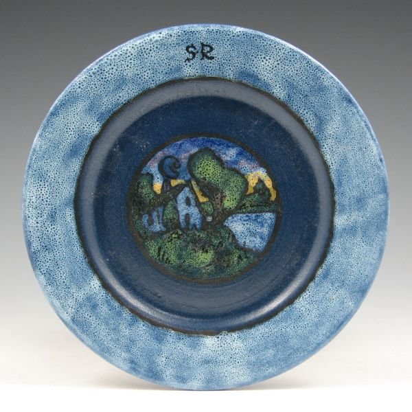 Saturday Evening Girls 1930 House Plate - Mint: Saturday Evening Girls (SEG) Paul Revere Pottery house medallion plate from 1930. Marked with Paul Revere ink stamp, 12-30 and artist's marks by Lilly Shapiro and Edith Brown. Mint. 8 1/2" diameter.