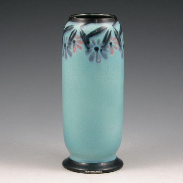 Rookwood 1917 Vellum Vase by A. Conant - Mint: Rookwood Vellum Glaze vase from 1917 with stylized floral decoration by Arthur Conant. Unusual footed form for a vase. Marked with Rookwood logo, XXVII, the shape number 2070 and the artist's mark. Mi