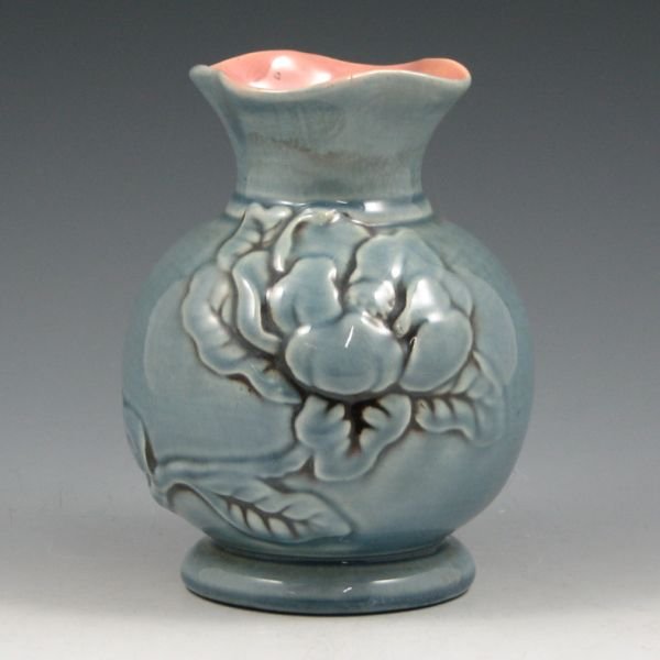 Red Wing #975 Floral Vase - Mint: Red Wing vase with slate blue exterior and peach interior and molded flower. Marked Red Wing 975. Mint. 6 1/8" tall.