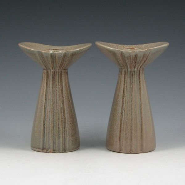 Red Wing #661 Corseted Candleholders (Pair) - Mint: Pair of Red Wing candleholders in a corseted form. Marked Red Wing 661. Mint. 6" tall.