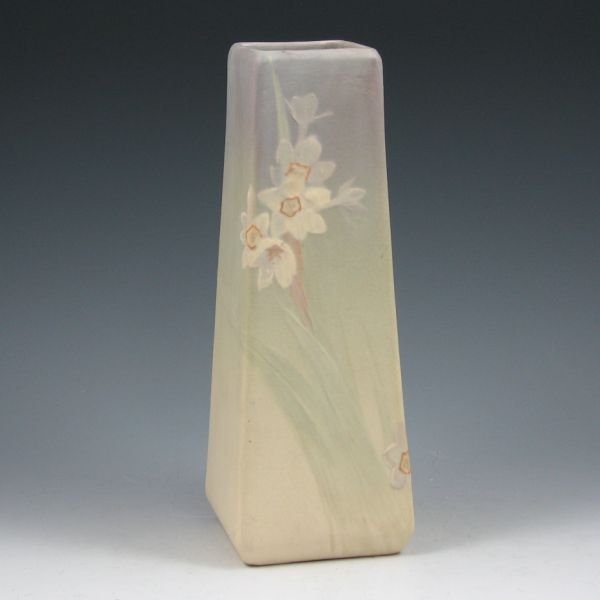 Weller Hudson Light 9 3/4" Floral Vase: Weller Hudson Light vase in a square form with floral decoration. Marked Weller. There is a 1/2" bruise near the top of one corner. 9 3/4" tall.
