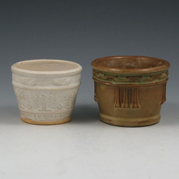 Peters & Reed Pereco & Hull Stoneware Jardinieres: Two small jardinieres including a 3" Peters & Reed Pereco (marked 600) and a 2 3/4" Hull early stoneware piece (marked with Circle H). Each has a hairline descending from the rim.