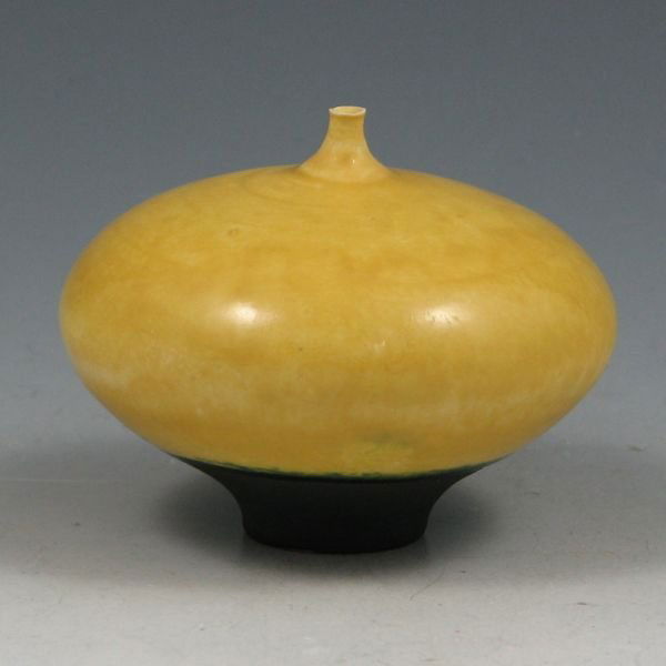 Rose Cabat Yellow Flying Saucer Feelie: Rose Cabat Feelie. Nice yellow flying saucer form. Signed Cabat. Minute, almost indiscernible nick to rim. 3 1/4" wide by 2 1/2" tall.