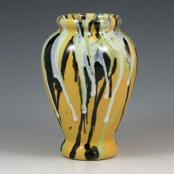 Peters & Reed Shadow Ware 6" Vase - Mint: Peters & Reed Shadow Ware vase with black and white drip effect over yellow. Mint. 6" tall.