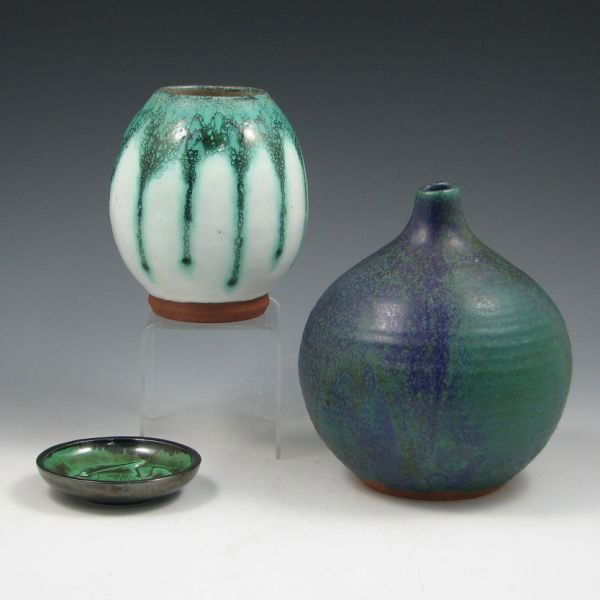 Three Art Pottery Pieces - Two Vases, Fish Tray: Three piece of art pottery including a 6 1/2" ball vase with short neck, finished in blue and green glazes, signed HAD. Second piece is a green over white 6" vase with an incised mark on the bottom. T