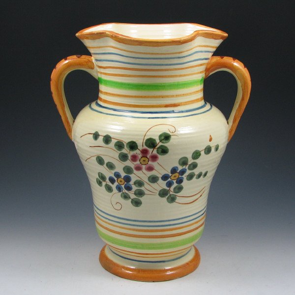 Peters & Reed Zane Ware Florentine Vase: Peters & Reed (Zane Ware) Florentine handled vase. Marked Zane Ware. Glaze flakes. 12 1/4" tall by 10 1/2" wide.