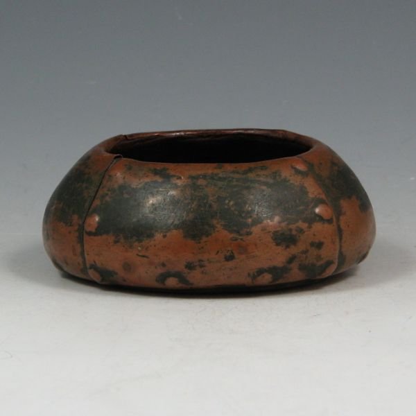 Clewell Copper Clad 3" Pottery Bowl - Excellent: Clewell copper clad bowl. Marked Clewell Canton, O. Excellent condition. 3" wide by 1 1/2" tall. Donated by Barbara Gerr Antiques. All proceeds will benefit the American Art Pottery Association.