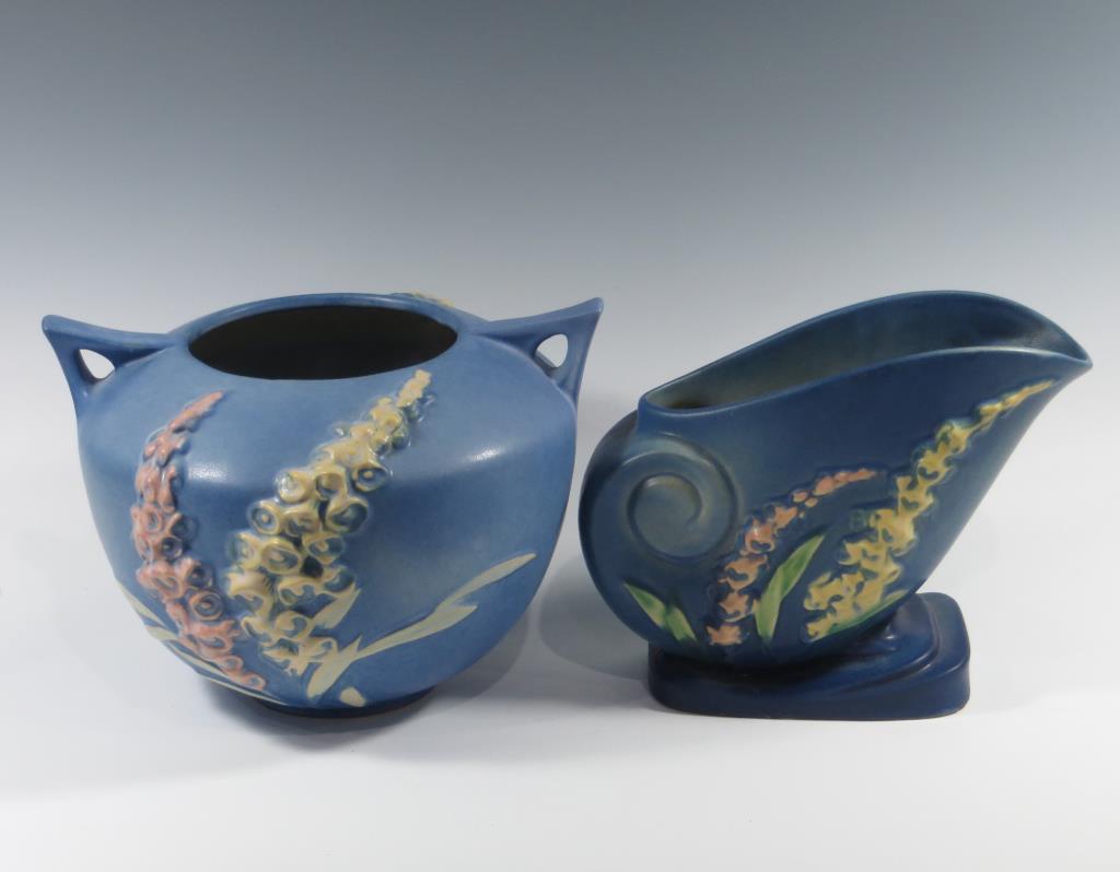 Roseville Foxglove Blue Rose Bowl & Blue Vase (1 of 2)
