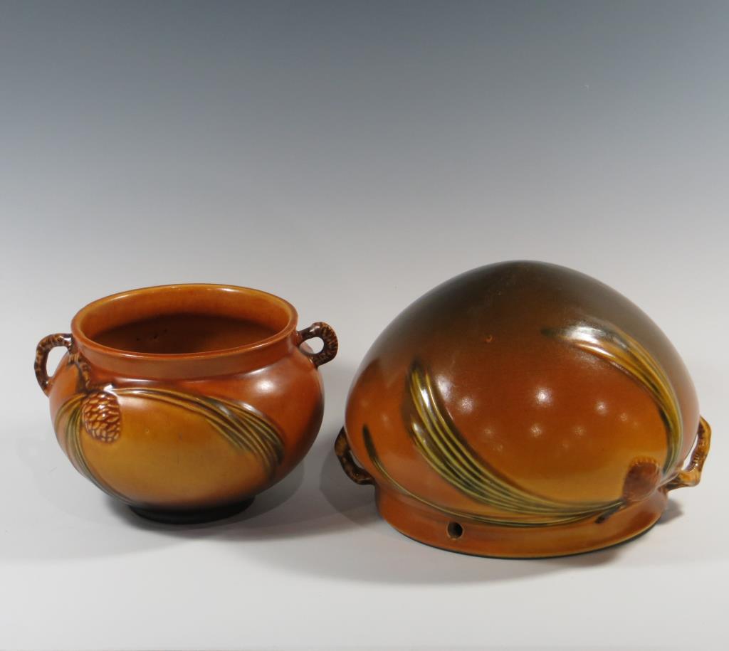 Roseville Pine Cone Jardiniere & Hanging Basket (1 of 1)