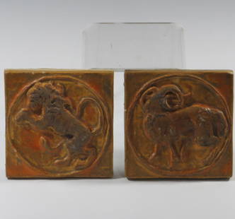 Two Wheatley Pottery Tiles: Two Wheatley Pottery Tiles in Orange with Lion and Ram Themes. Marked 138 and 139. Typical use condition. 4"