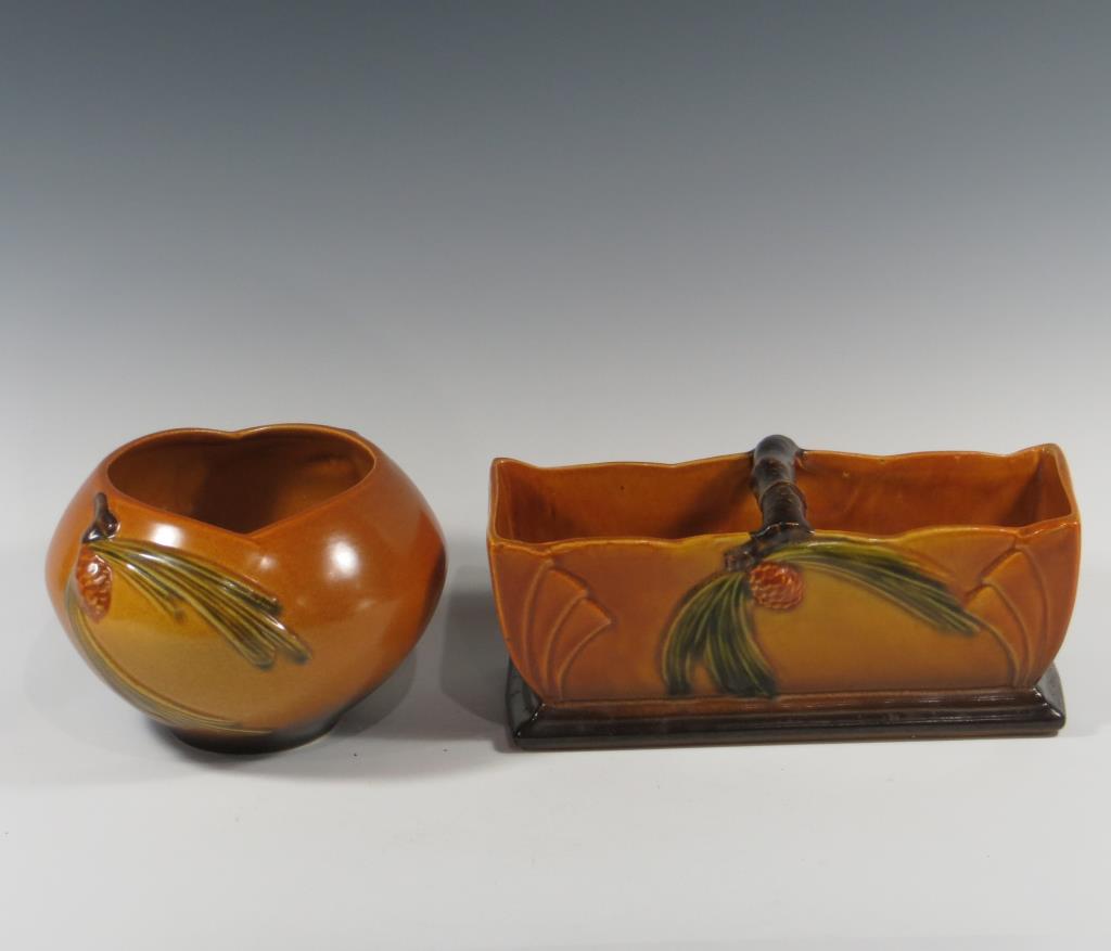 Roseville Brown Pine Cone Window Box & Rose Bowl (1 of 1)