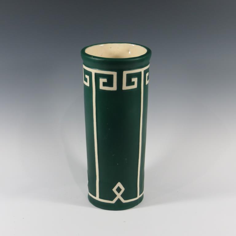 Brush Aegean Vase: Brush Green Aegean Vase. Green with white "Greek key" design. Unmarked. Excellent condition with minor abrasions. 11 1/4" tall