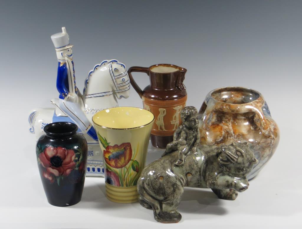Six European Pieces: Six European Pieces Including Moorcroft vase. Restored rim. Doulton Lambeth Egyptian Jug. Arabia (Finland) mottled luster rose bowl. Hollohaza (Hungary) Soldier on Horse (art deco). Anderson Hoganet (