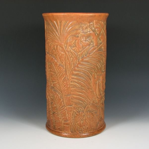Weller Marvo 19" Umbrella Stand - Excellent: Weller Marvo umbrella stand in brick orange. Marked with Weller Pottery kiln stamp. Excellent condition. 19" tall by 10 1/2" tall.