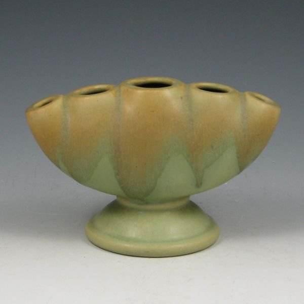 Roseville Carnelian I 50-4" Flower Holder - Mint: Roseville Carnelian I drip glaze flower holder, shape 50-4". Marked with RV ink stamp. Mint. 6 1/2" wide by 4 1/8" tall.