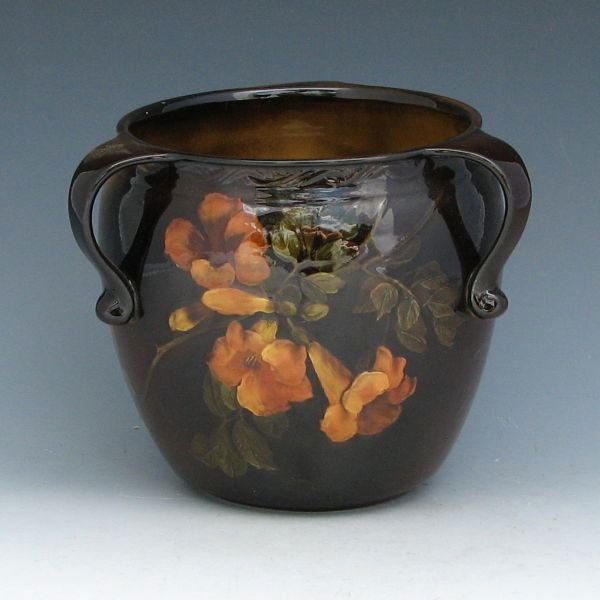 Rookwood 1896 Standard Glaze Vase by Perkins: Rookwood Standard Glaze vase with three handles from 1896 by Mary Perkins. Marked with Rookwood logo with two flames, the shape number 234 and the artist's initials. A spider line to the bottom extend