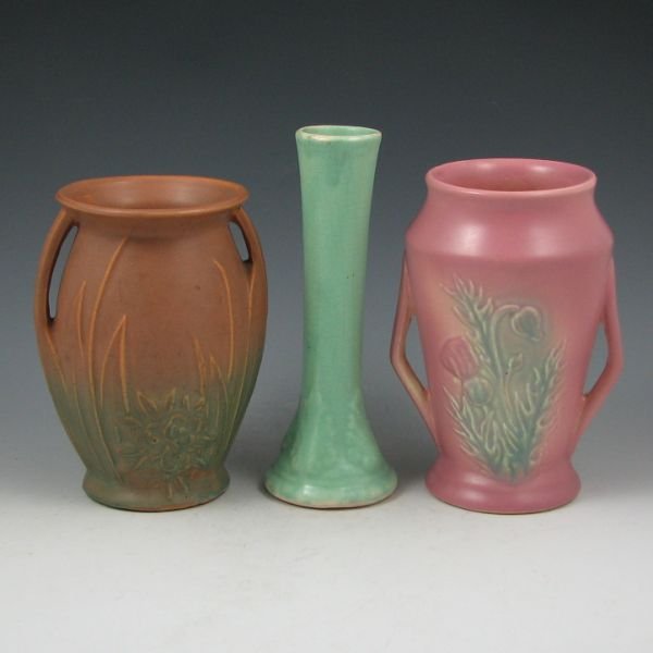 Brush, McCoy & Hull Vases: Hull Thistle vase (mint), McCoy early stoneware vase and Brush bud vase. All excellent. 6" to 7 1/4" tall.