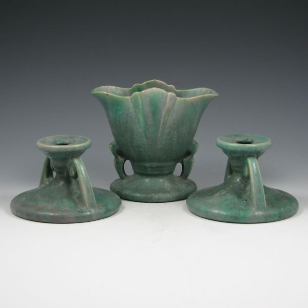 Roseville Carnelian II Vase & Candleholders - Mint: Roseville Carnelian II 307-5" fan vase and 1060-3" candleholders in blue-green glaze. All marked with Rv ink stamp. All mint. 3" to 5 1/8" tall.