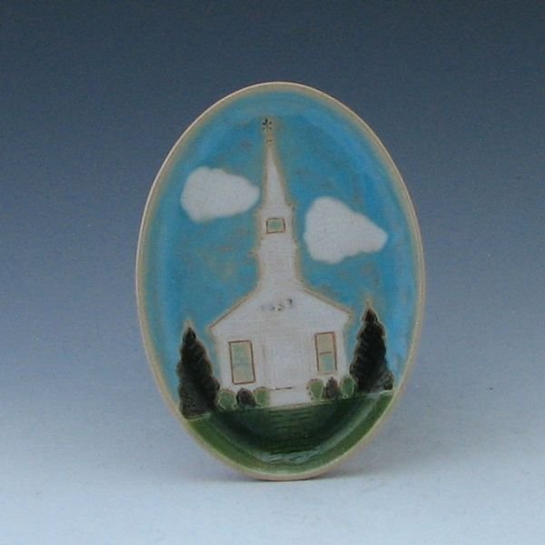 First Baptist Church of Brooklin, Maine Tray: Tray depicting the First Baptist Church of Brooklin, Maine. Marked as such and signed Arthur V. Waldron, No. Brooklin, Maine. Excellent condition. 6" tall.