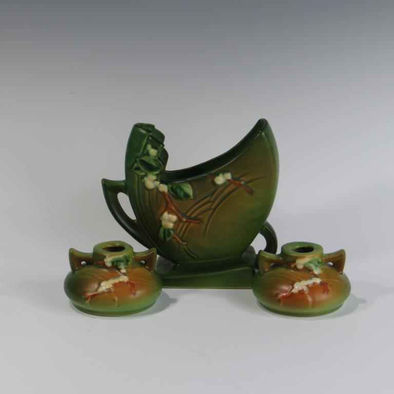 Roseville Snowberry Vase & Candle Holders (1 of 1)