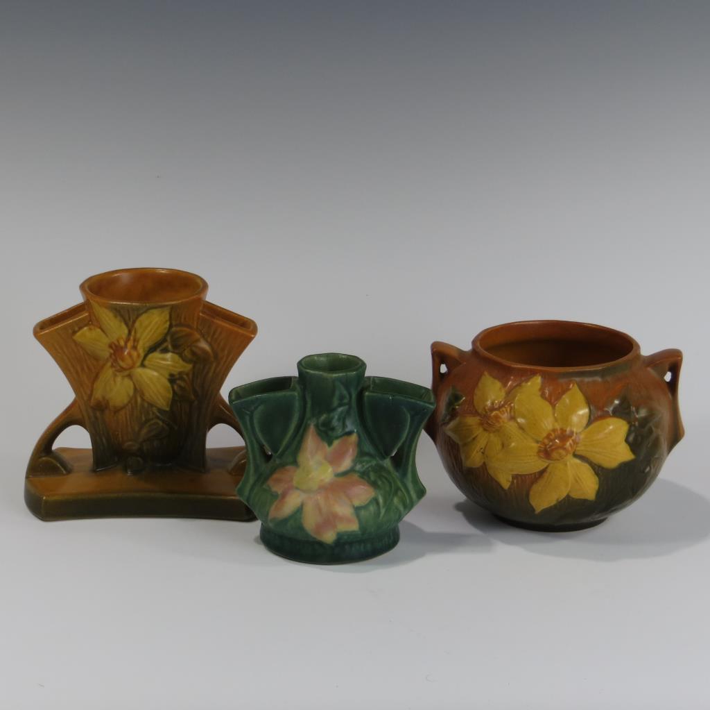 Roseville Clematis Vase, Bowl & Flower Holder (1 of 1)