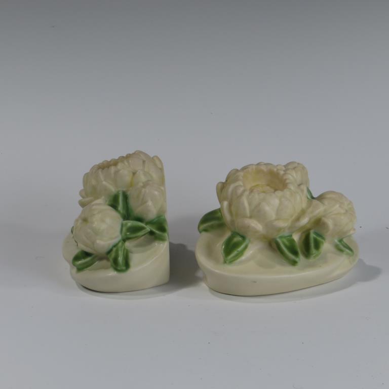 Rookwood Floral Bookends: Rookwood Floral Filled Bookends. Marked Rookwood XLVI 2836. Excellent condition. 3" tall.