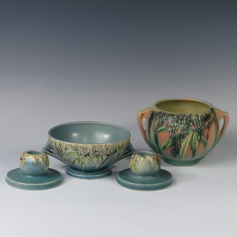 Roseville Moss Rose Bowl, Bowl, 2 Candle Holders (1 of 1)