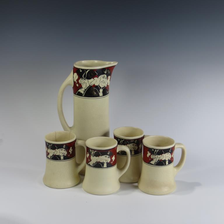 Roseville Creamware Tankard & Mug Set: Roseville Creamware Quaker Tankard & Mug Set. Unmarked. Typuical use condition, hairlines to two mugs. Tankard 11 1/2", mugs 4 3/4" tall
