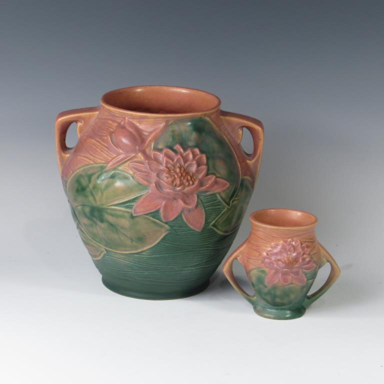 Roseville Water Lily Cookie Jar & Vase: Roseville Water Lily Cookie Jar & Vase. Marked Roseville U.S.A. 1-8 & 71-4. Excellent condition. Appears to be missing lid. 8" tall & 4" tall.