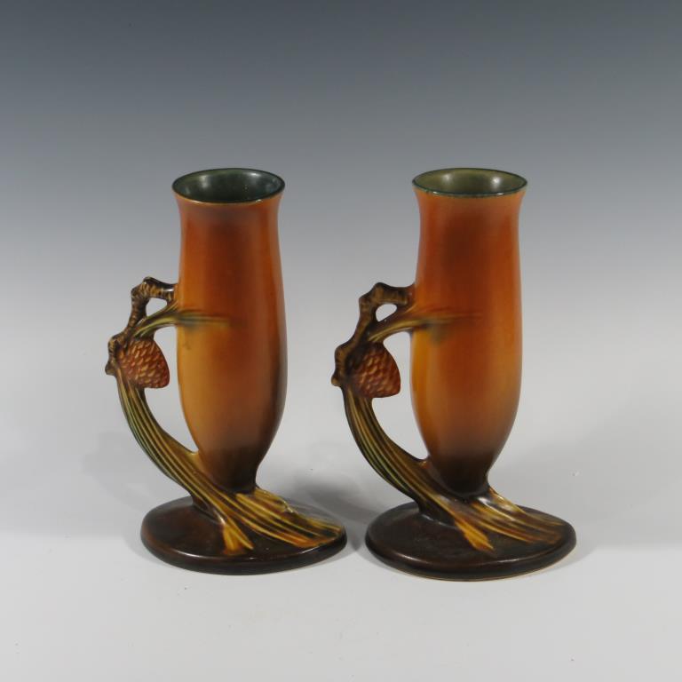 Pair of Roseville Brown Pinecone Vases (1 of 2)