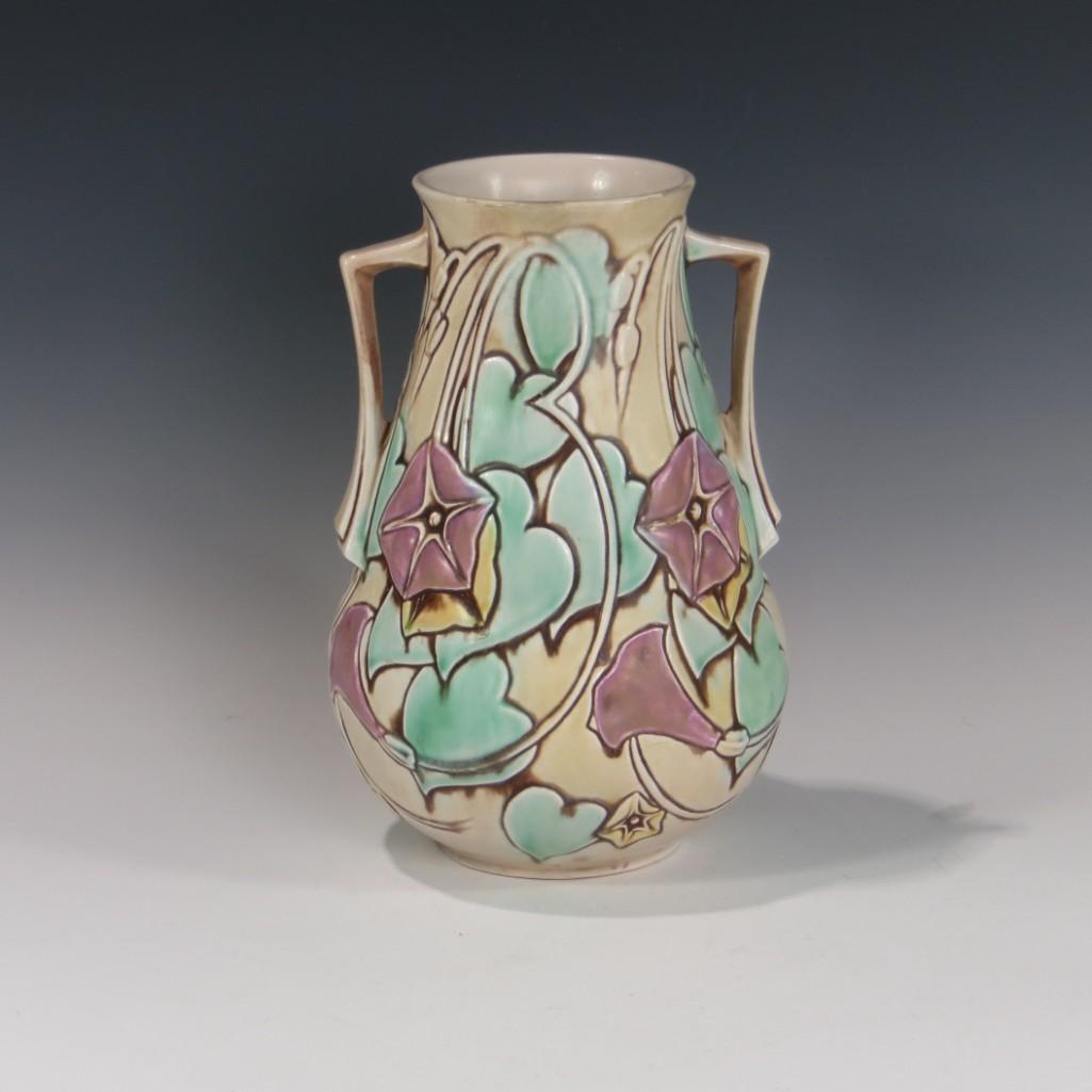 Roseville Morning Glory Vase: Roseville Morning Glory Vase. Unmarked. Tight hairline to rim, flake to base. 9 1/4" tall.