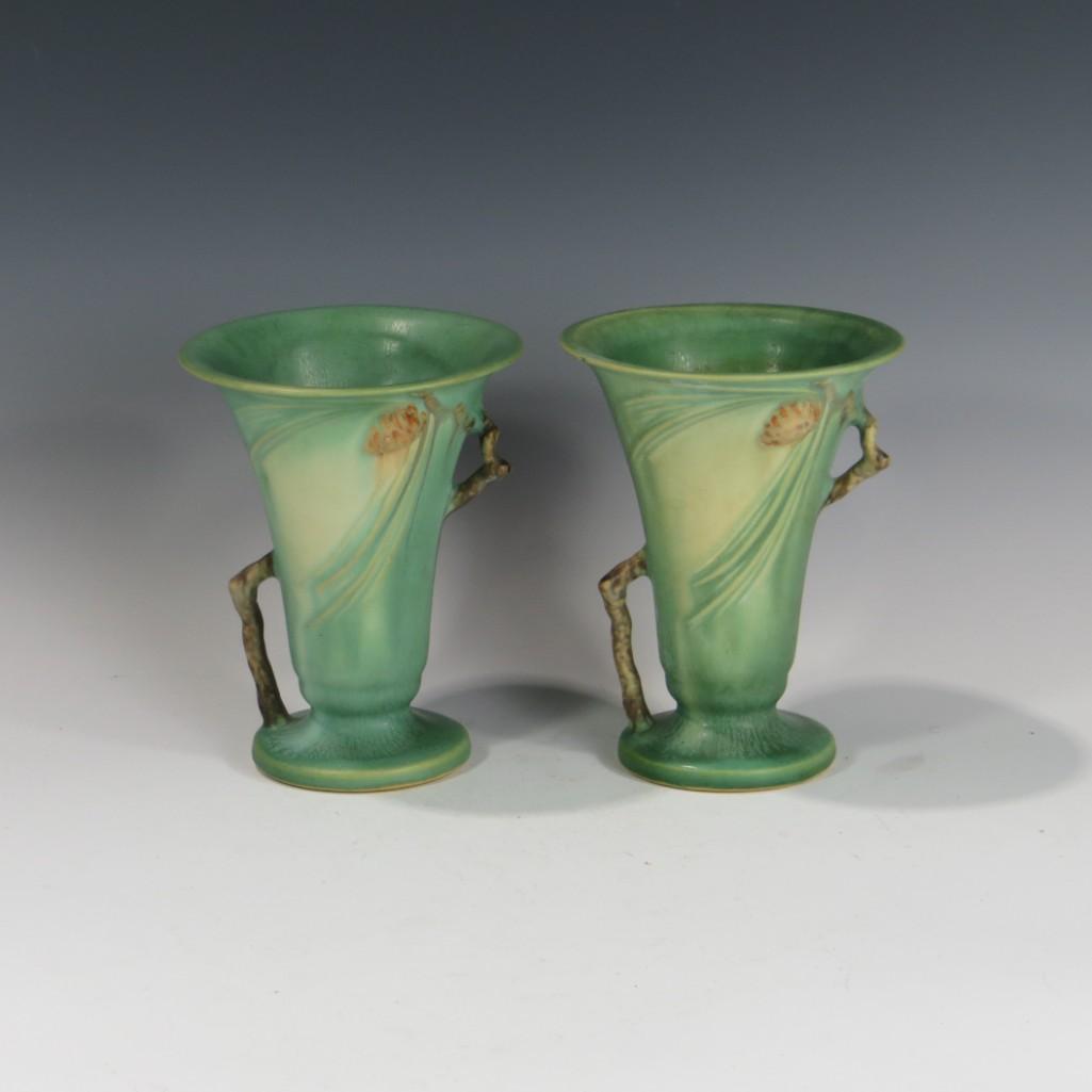 Pair Roseville Green Pinecone Vases (1 of 2)