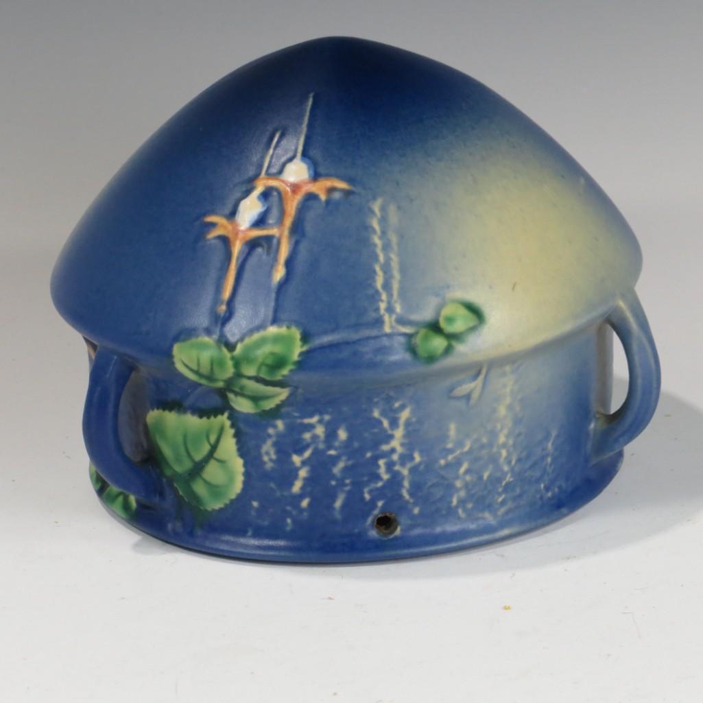 Roseville Fuchsia Hanging Basket: Roseville Fuchsia Hanging Basket. Unmarked. Chips to rim. 7" wide.