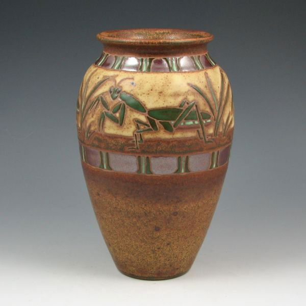 Eric Olson 8 3/8" Praying Mantis Vase - Mint: Eric Olson (Common Ground Pottery) vase with praying mantises. Signed Olson 2004 with CGP stamp. Mint. 8 3/8" tall.