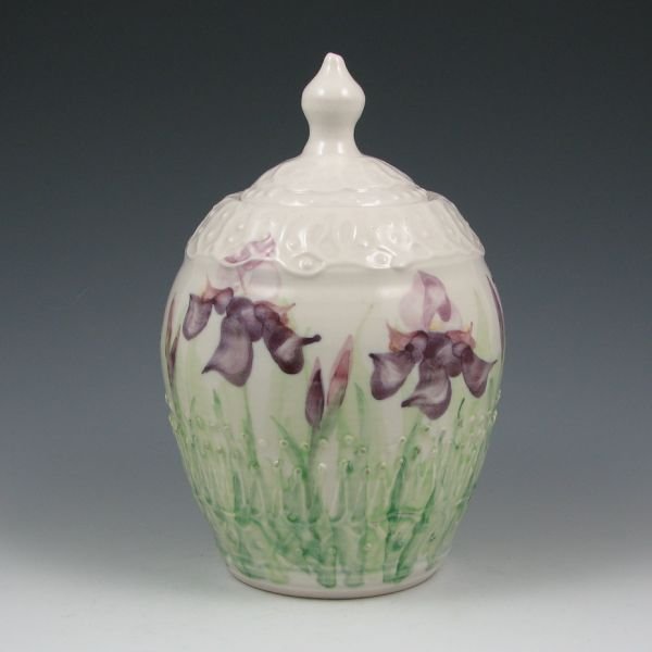 Cheri Platter Lidded Jar w/ Irises - Mint: Cheri Platter lidded jar with hand decorated irises under a gloss glaze. Unsigned. Mint. 8 1/2" tall.